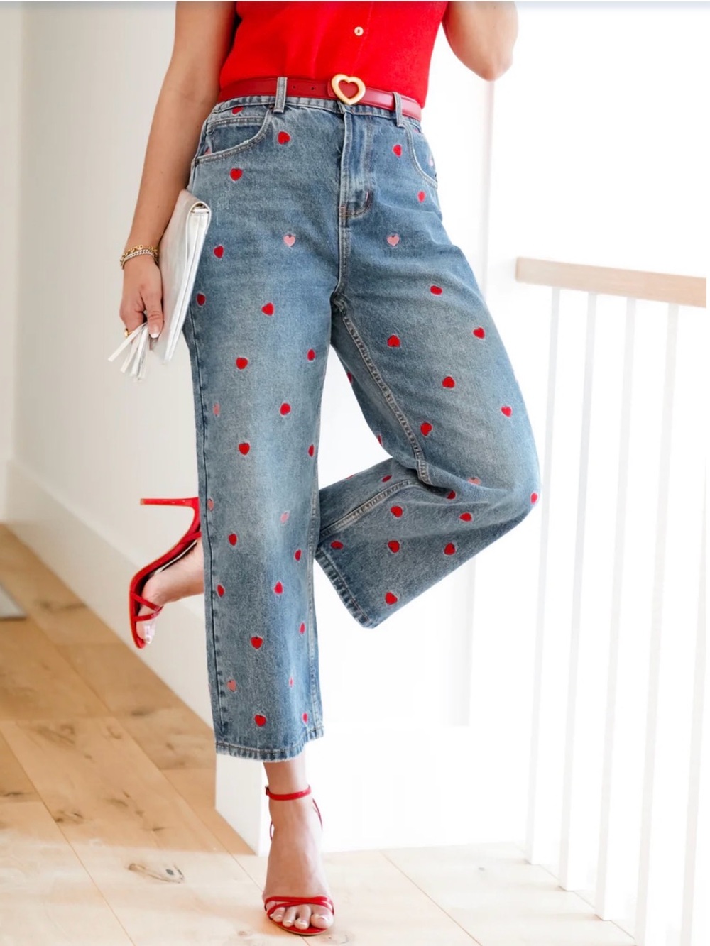 🅾️❤️♥️💗OH Blue Denim Wide-Leg Jeans with Red Heart Print